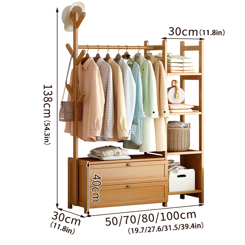 Living Room Furniture Coat Rack Bamboo Wooden Clothes Tree Hallstand Hat Jacket Handbag Hanger With Storage Shelf Drawers