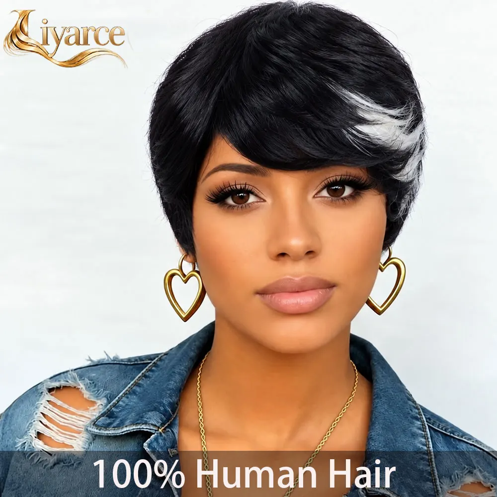 180% Density Pixie Wig Short Layered Human Hair Wigs  4inch White/Natural Black Color Machine Made Pixie Cut Wig for Women Pixie Straight Human Hair