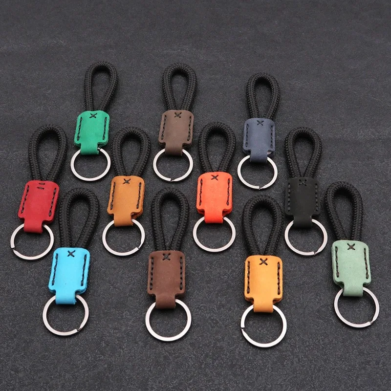 Custom LOGO Genuine Cowhide Leather Rope Keychain Laser Engrave Car Lanyard Keyring Personalize Woven Braid Key Chain Ring