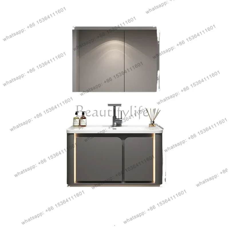 Cream wind ceramic rock slab hot bending integrated basin bathroom cabinet combination bathroom light luxury washing cabinet