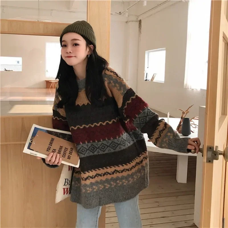 

Autumn Vintage Sweaters Women Pullover Winter Striped Hoodie Korean Style Knitwear Loose Pullover Casual Sweater Y2k Streetwear
