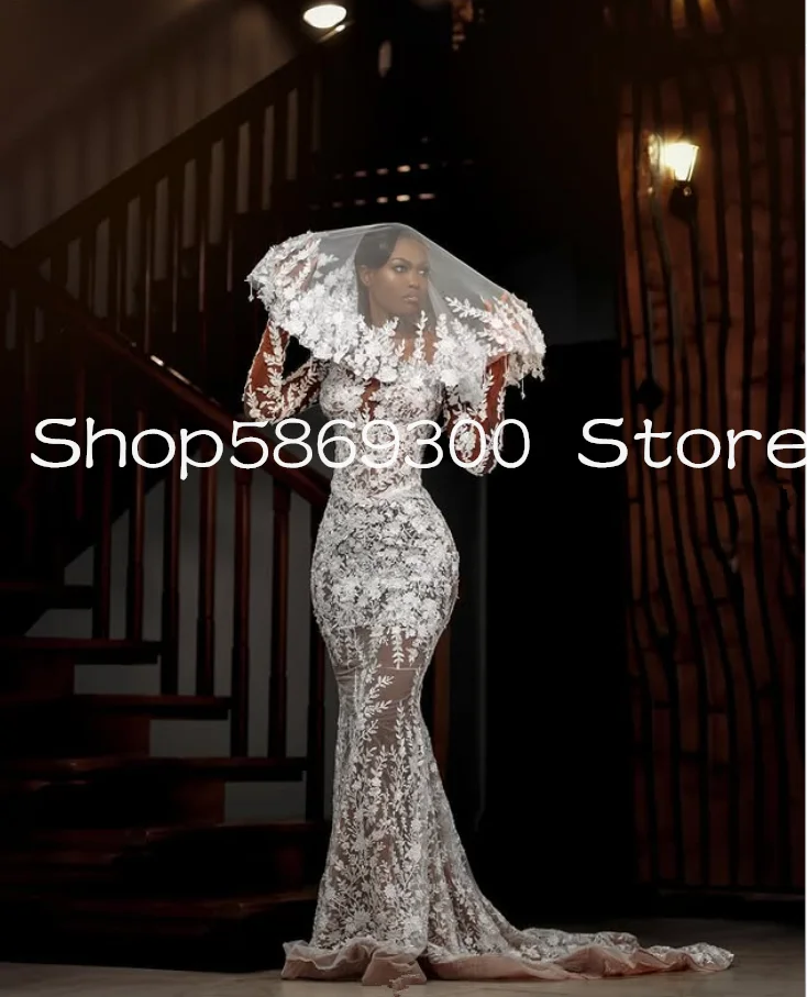 Beach Garden Mermaid Wedding Dresses Luxury Floral Applique Lace Long Sleeve Sheer Mesh Trumpet Bridal Gown Customsized