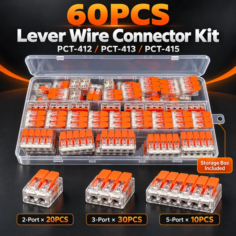 60PCS Lever Wire Connector Kit PCT-412 PCT-413 PCT-415 2 3 5 Port Quick Connect Terminal Block Assortment with Storage Box