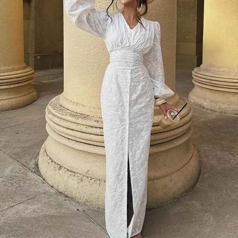 가을 휴가 브이넥 긴팔 드레스 시크한 단색 하이웨이스트 슬릿 여성 드레스 2025 우아한 자카드 비치 맥시 드레스