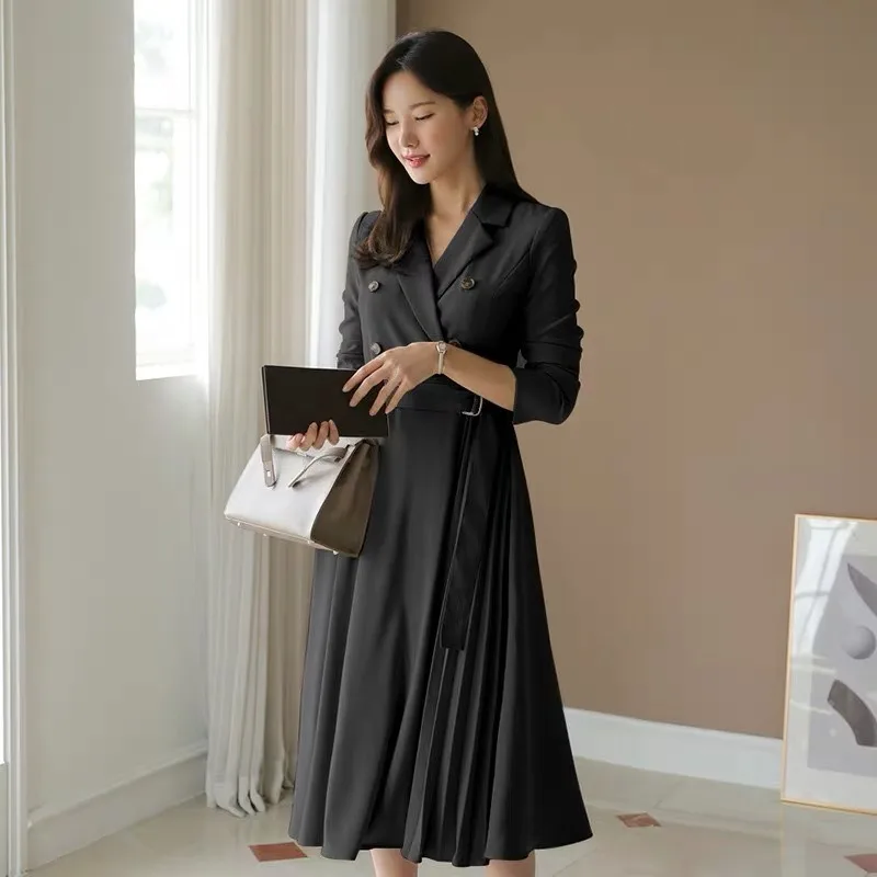 New Simplicity Casual Suit Women Dress V-neck Long Sleeve Office Lady Asymmetrical Long Dress Slim With Belt A-line Female Dress