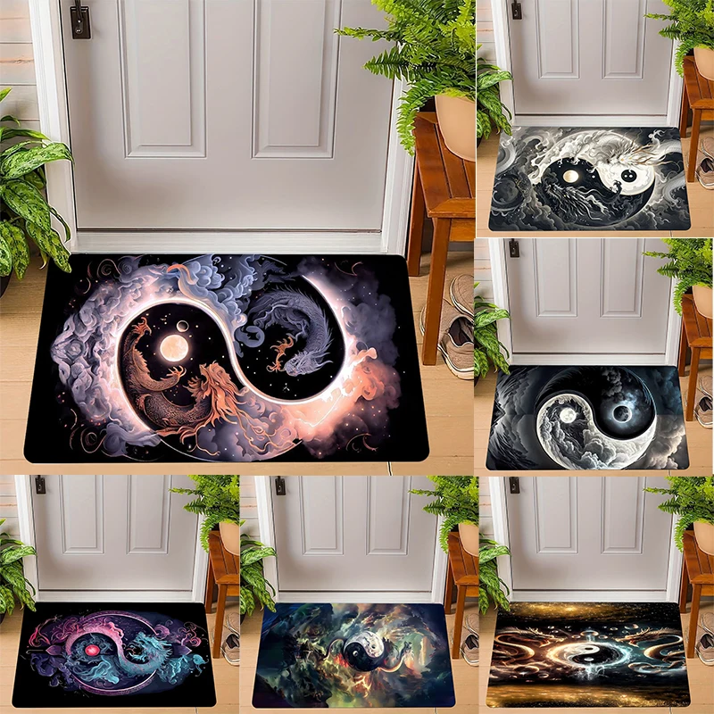 Yin Yang Dragon Pattern Door Mat Vivid Chinese Dragon Designs with Clouds Celestial Elements NonSlip Floor Mat for Home Decor