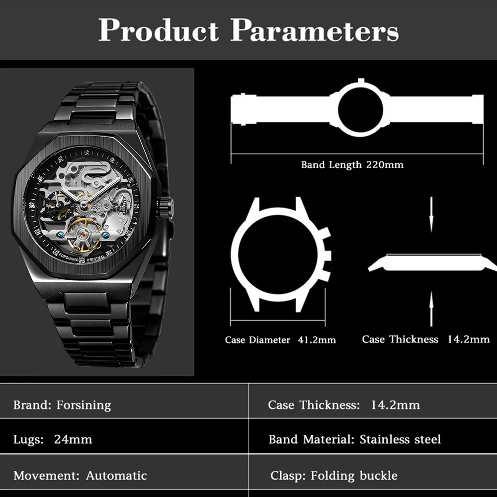 FORSINING Trendy Skeleton Automatic Mechanical Watch Polygon Men Watch Rhinestone Stainless Steel Formal Business Man Wristwatch