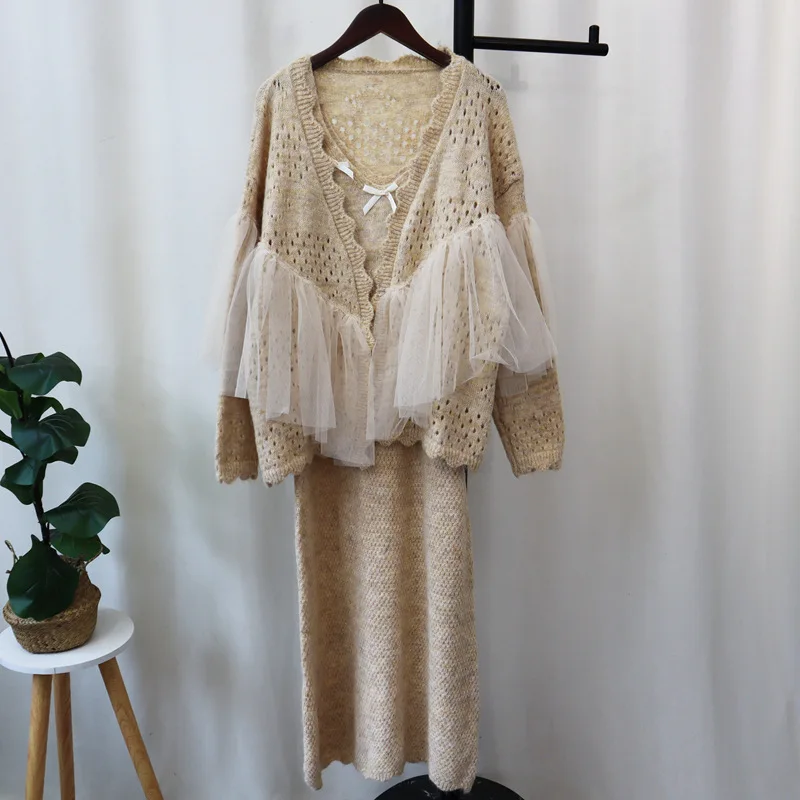 Women's  Sweet Loose Fit Cut-Out Mesh Paneled Knitted Cardigan Tank Dress 2-Piece Sweater Set  2026 Autumn Winter New Style