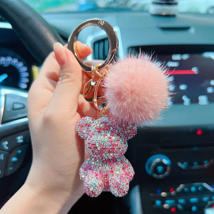 Neuer Modischer Voll-Diamant-Sitzender-Bär-Schlüsselanhänger Kreativer Nerzhaar-Autoschlüsselanhänger Niedlicher Taschenanhänger Geschenk – Detail 12
