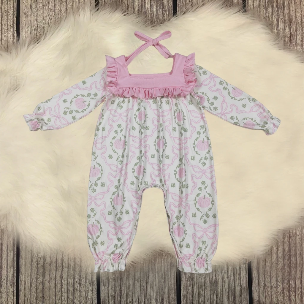 

Baby Girl Toddler Thanksgiving Autumn Ruffle Jumpsuit Children Pumpkins Bows Romper Newborn Coverall Fall Bodysuit Wholesale