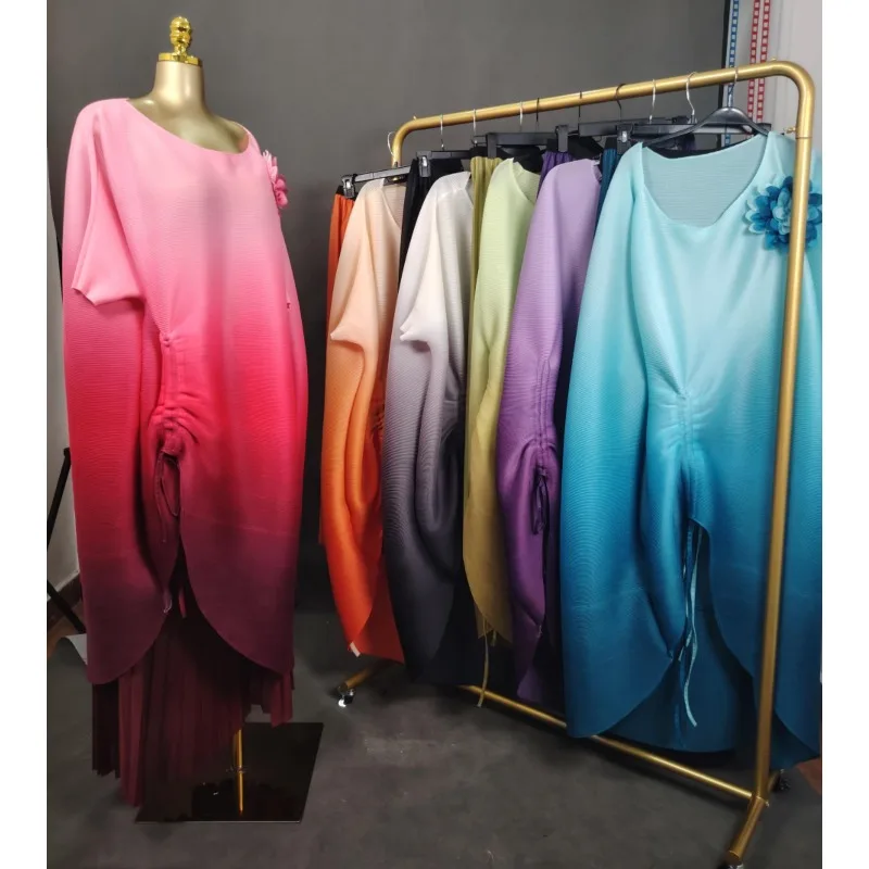 

Комплект плиссированных брюк Miyake, осень 2025, новый градиентный цвет, костюм больших размеров, свободные широкие брюки со складками, комплект из 2 предметов