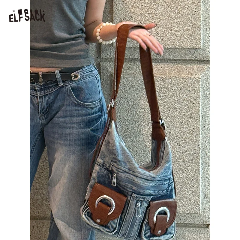 ELFSACK 2025 Summer New Arrival Vintage Washed Denim Tote Bag Fashion Large Capacity Shoulder Bag for woman