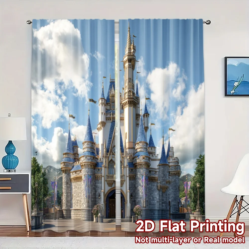 2pcs, 2D FLAT PRINTING Curtains (Without Rod) Fairytale Castle Light Filtering Popular Curtains Prints Light Filtering Curtains