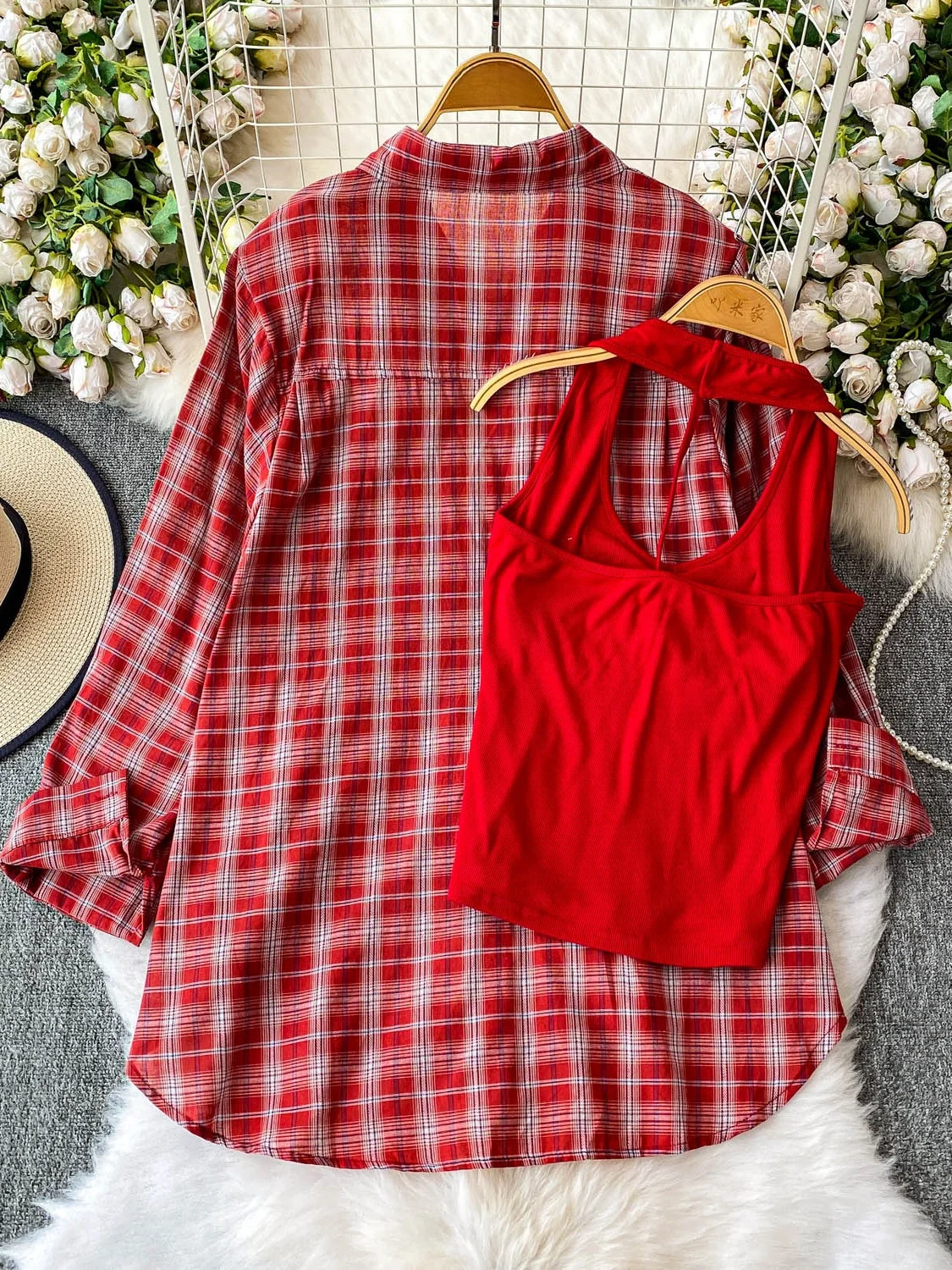 Korean Sle Loose Long Sve Sun Protection Coat Women's Autumn Red Plaid Turn-down Collar Outerwear + Inner Strap Set