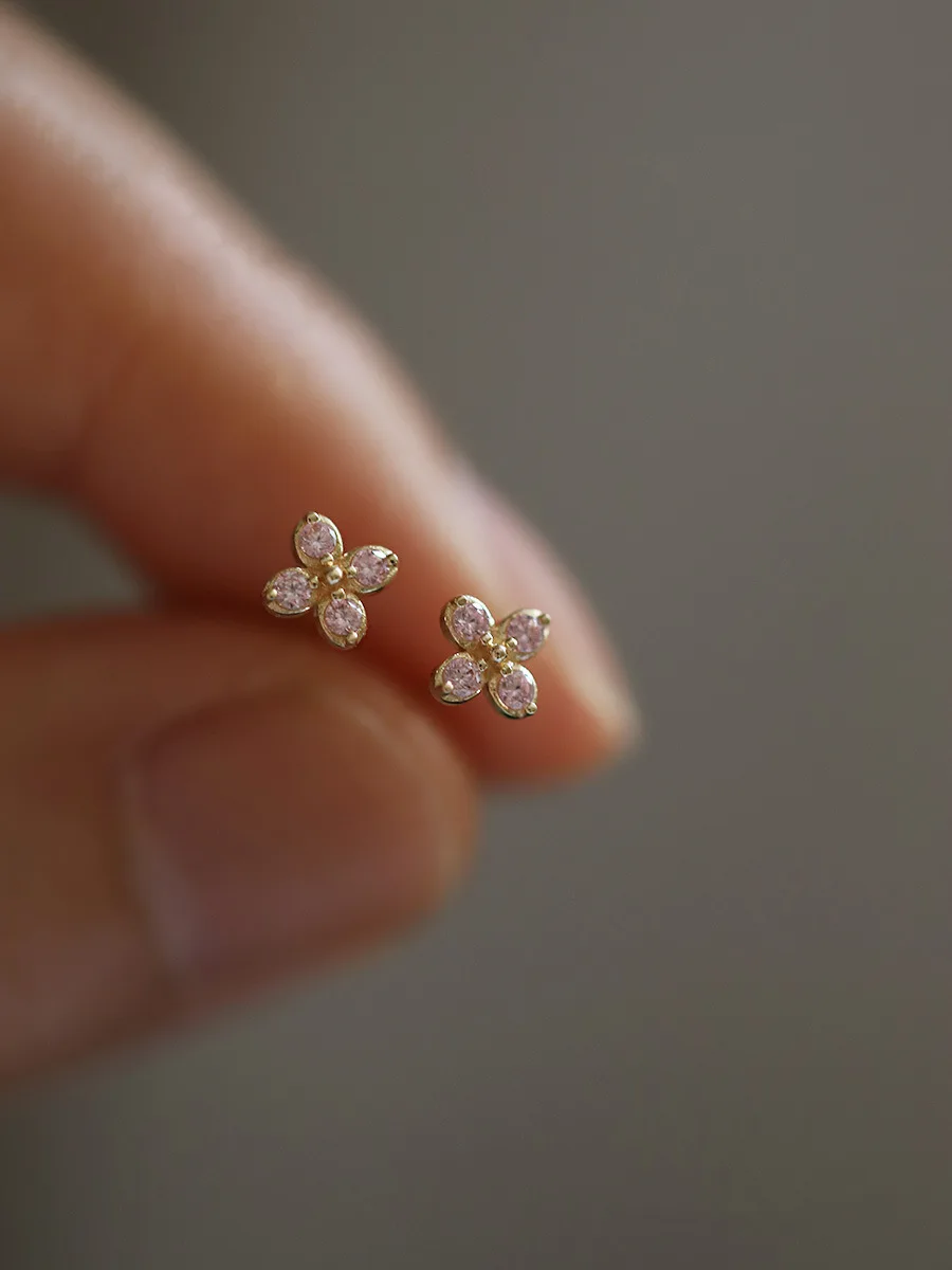 925 Silver Needle Floral Sweet Earrings Simple Inlaid Pink Zircon for Women Wedding Jewelry Accessories Mini Earring