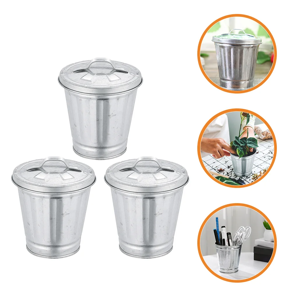 3 Pcs Penholder Mini Trash Can Office Toy Countertop Iron Desktop Garbage Container Flowerpot Can with Lid Decorate Miniature - Image 2