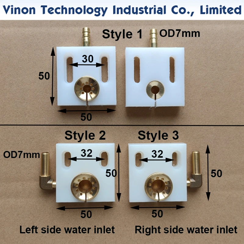 EDM Water Jet Plate Size L50xW50x12Tmm Style 1 Direct Water Inlet, Style 2 Left Side Water Inlet, Style 3 Right Side Water Inlet