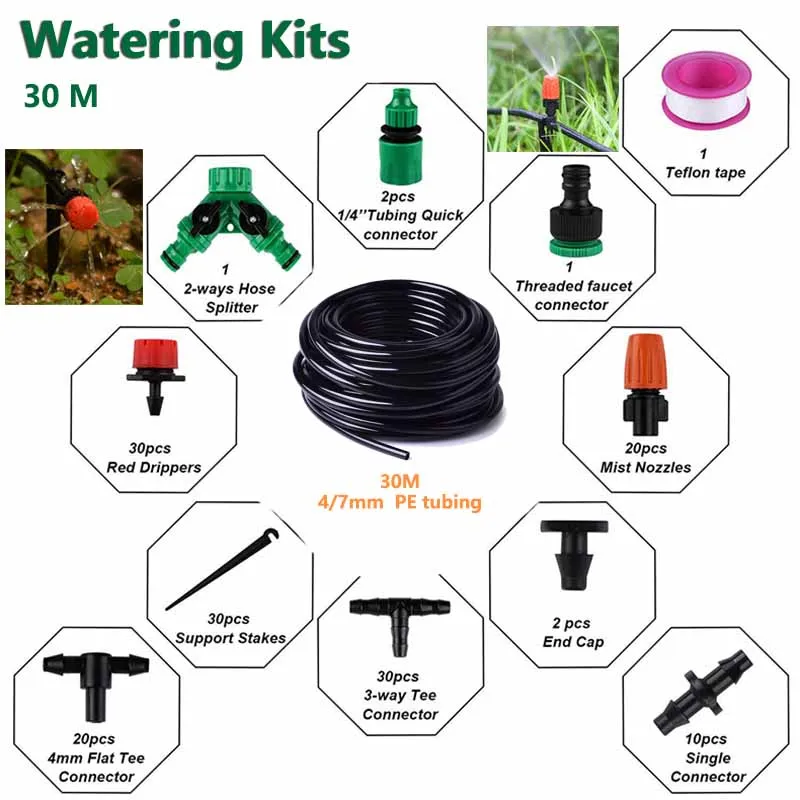 

30m/100FT Home Gardening Drip Irrigation System Micro Diy Irrigation Tubing Kit Mist Spray Cooling For Plants Potted Bed Patio