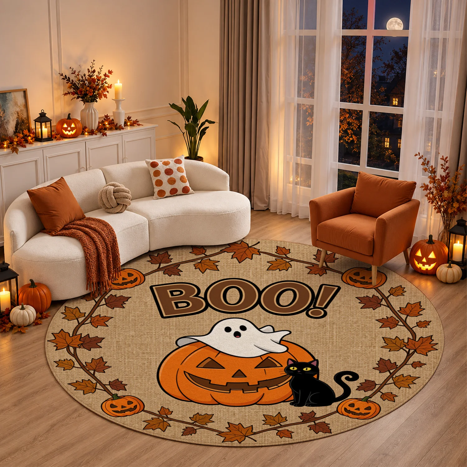 Round Halloween BOO Pumpkin Ghost Cat Maple Leaf Pattern Velvet Doormat, Machine Washable, Perfect for Entryway, Porch, Living Room, Dining Area, Ideal for Halloween, Thanksgiving, Christmas, New Year, Black Friday, Cyber Monday