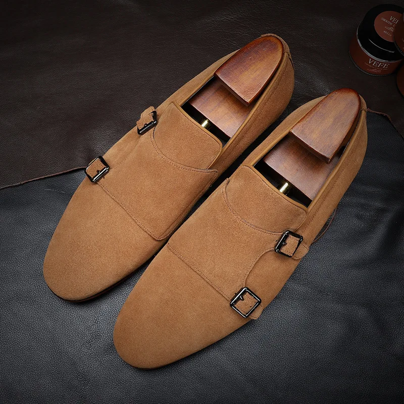 

New Luxury Mens Sneakers Genuine Leather Cow Suede Double Buckle Monk Shoes Flat Loafer Casual Business Driving Shoes for Men