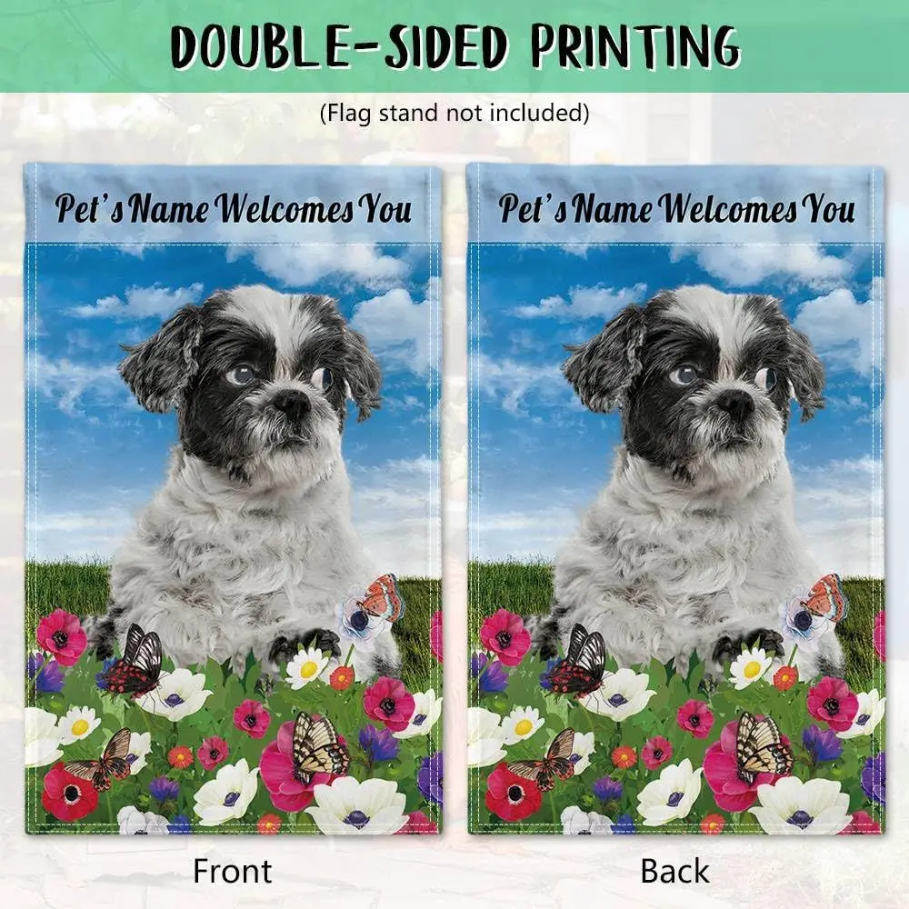 Personalized Spring Summer Dog Welcome Garden Flag 12.5X18 Inch, Black Pug Flowers  Blue Sky Yard Outside Decor Flag Ba