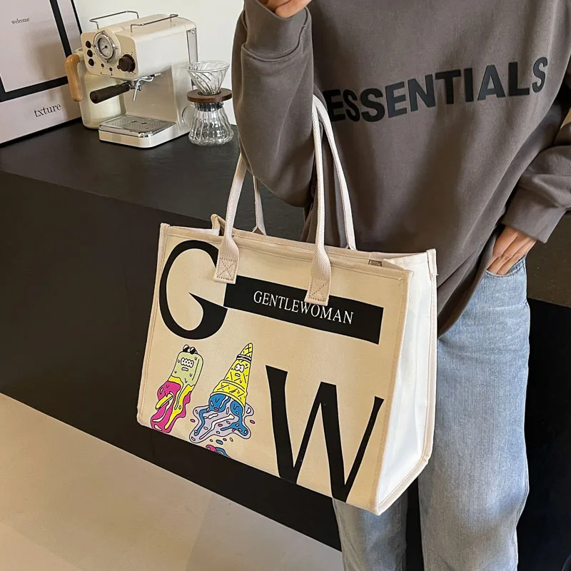 Canvas Bag Handbag For Women Simple Shoulder Bags  Large Capacity Female Work Commute Handbag Tote Korean Style Shopper Bag