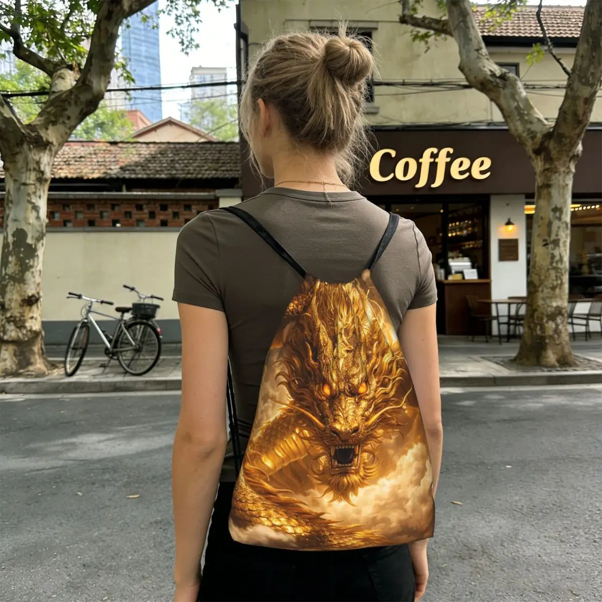 Golden Dragon Pattern Backpacks Casual Drawstring Bags Sports Bag Book Bags for Travel School