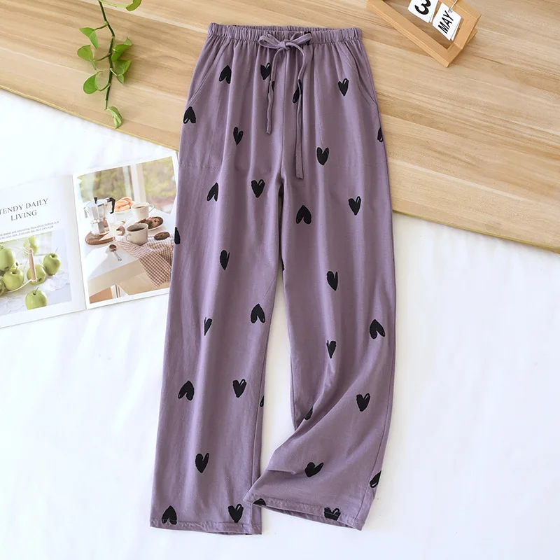 2024 New Spring/Summer Women\'s Sleeping Pants 100% Pure Cotton Knitted Love Pants Straight Leg Casual Home Pants Lounge Wear