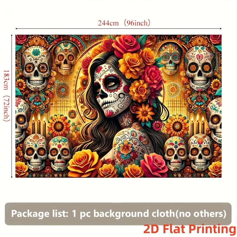 لافتة مسطحة ثنائية الأبعاد قطعة واحدة من لافتة خلفية فنية هيكل عظمي مكسيكية تقليدية - جدار من القماش الحيوي يغطي الزهور