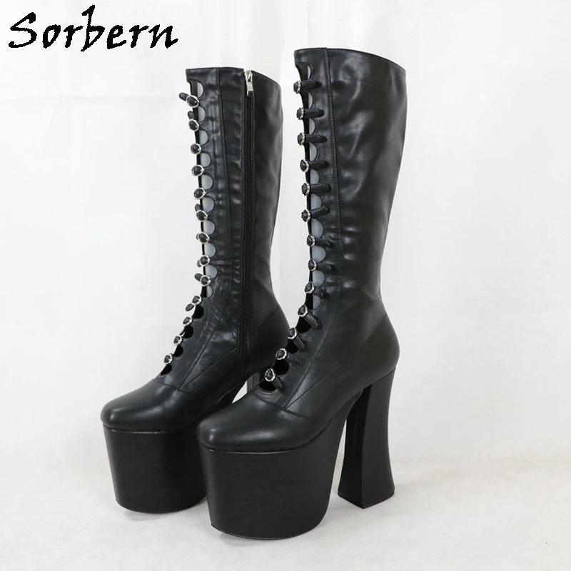 

Sorbern Black Punk Boots For Women Knee High Zipper Fetish Round Toes Plus Size US15-17 Boots Custom Colors