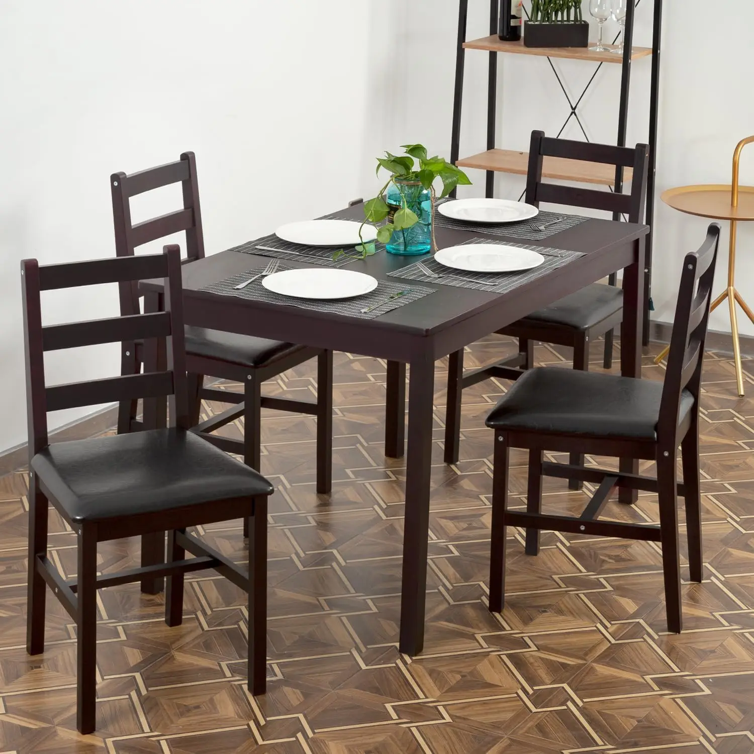 Conjunto de mesa e cadeiras, 4 salas de jantar, madeira, elegante, espaço pequeno, marrom escuro