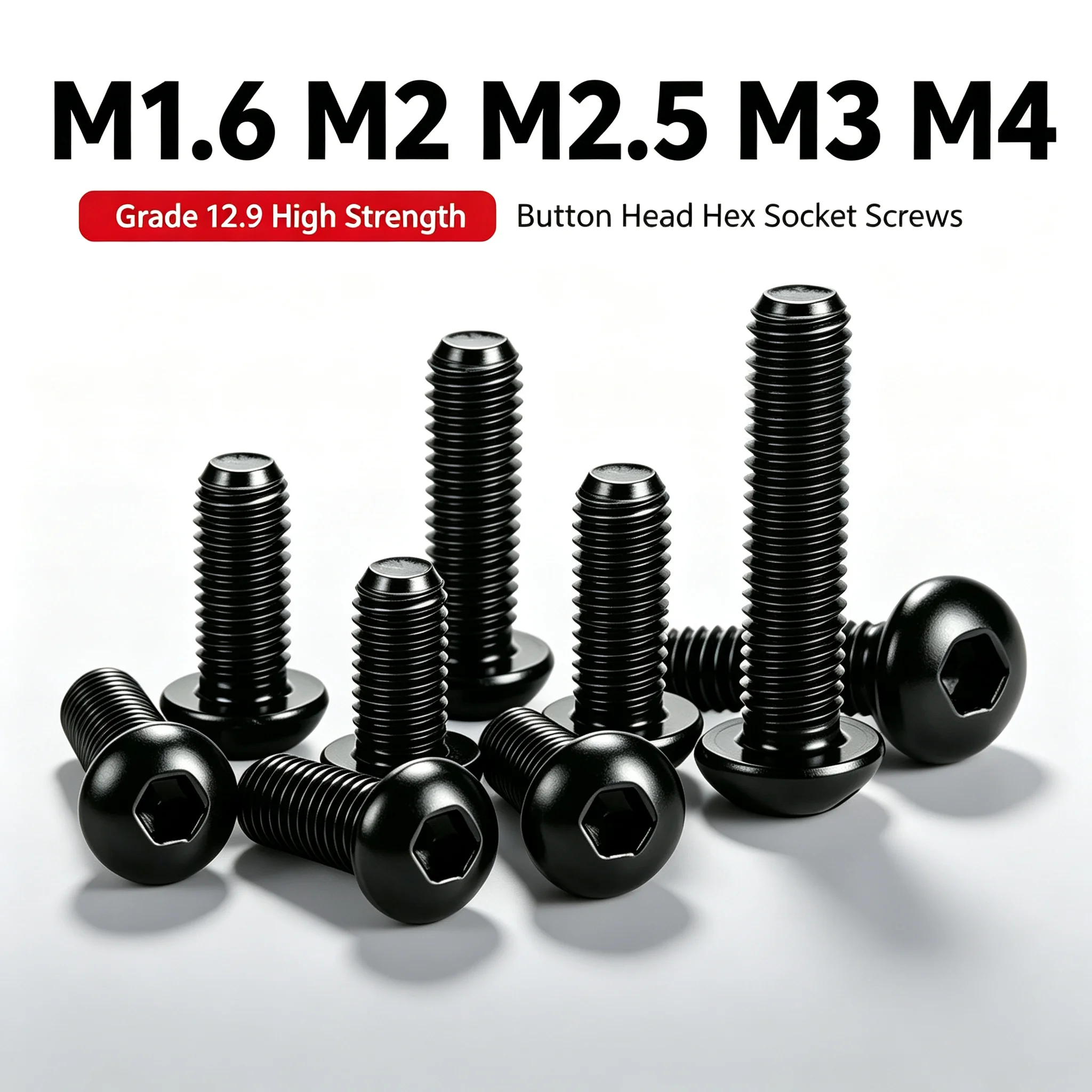 12.9 Grade Carbon Steel High Strength Button Head Hex Socket Cap Screws Allen Bolts Fasteners 100Pcs M1.6 M2 M2.5 M3 M4