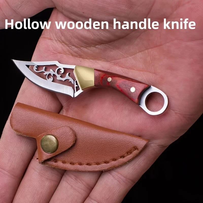 Mini Hollow-out Knife Sharp Wooden Handle Kitchen Knife Outdoor Camping Knife Carry Key Chain Pendant Unpacking Express Tool