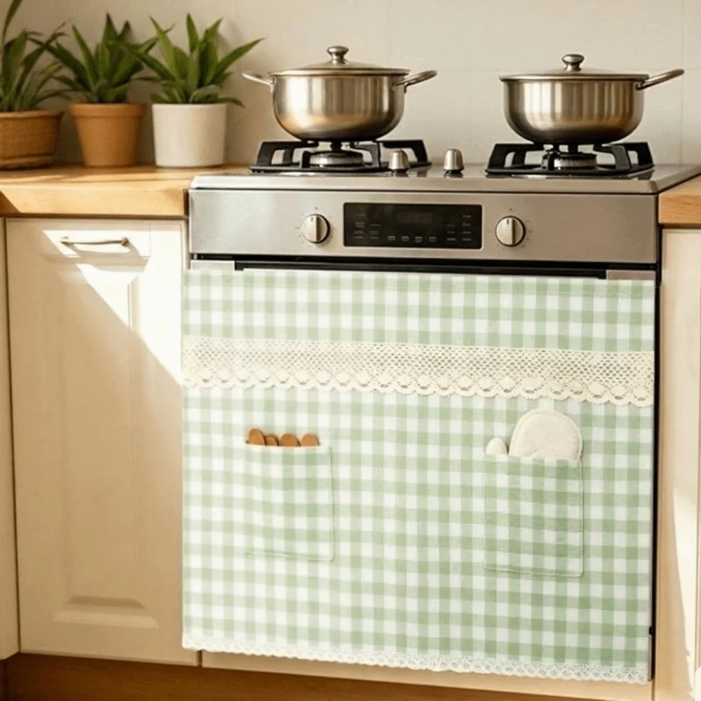 Pastoral Style Oven Skirt Curtain Checkered Decorative Farmhouse Oven Cover Heat Resistant with Ruffle Trim Hidden Curtain