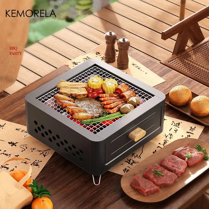 Home Camping Courtyard Barbecue Stove Outdoor Portable Charcoal Barbecue Rack Square Stove Camping Fire Basin for Cooking Tea