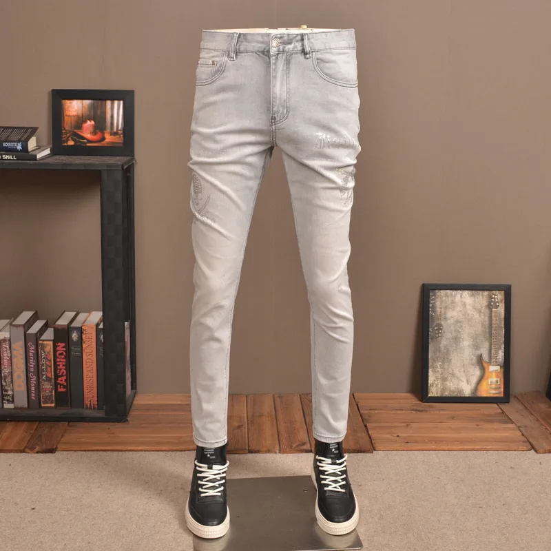 Summer Thin Light Luxury Printed Jeans Men's Fashionable High-End Stretch Slim Fit Skinny Casual Light Color Trousers