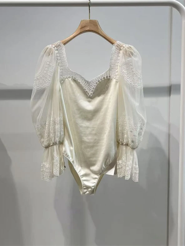 

Princ Sle Embroidered Lace Onesie Bubble Sve Top for Women Autumn New Arrival Slim Fit Nine Sve Length Polyester F...