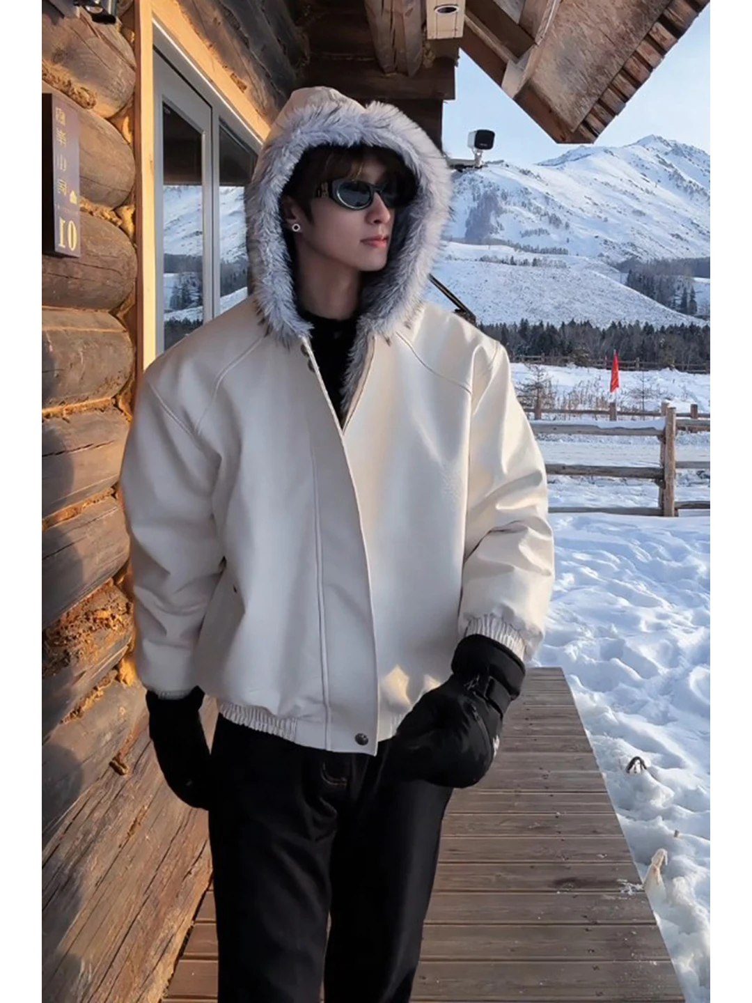 

Militaria Sle ort Cotton Jaet for Men in Beige with Fur Collar Warm Casual Outerwear Thiened Polyester for Winter
