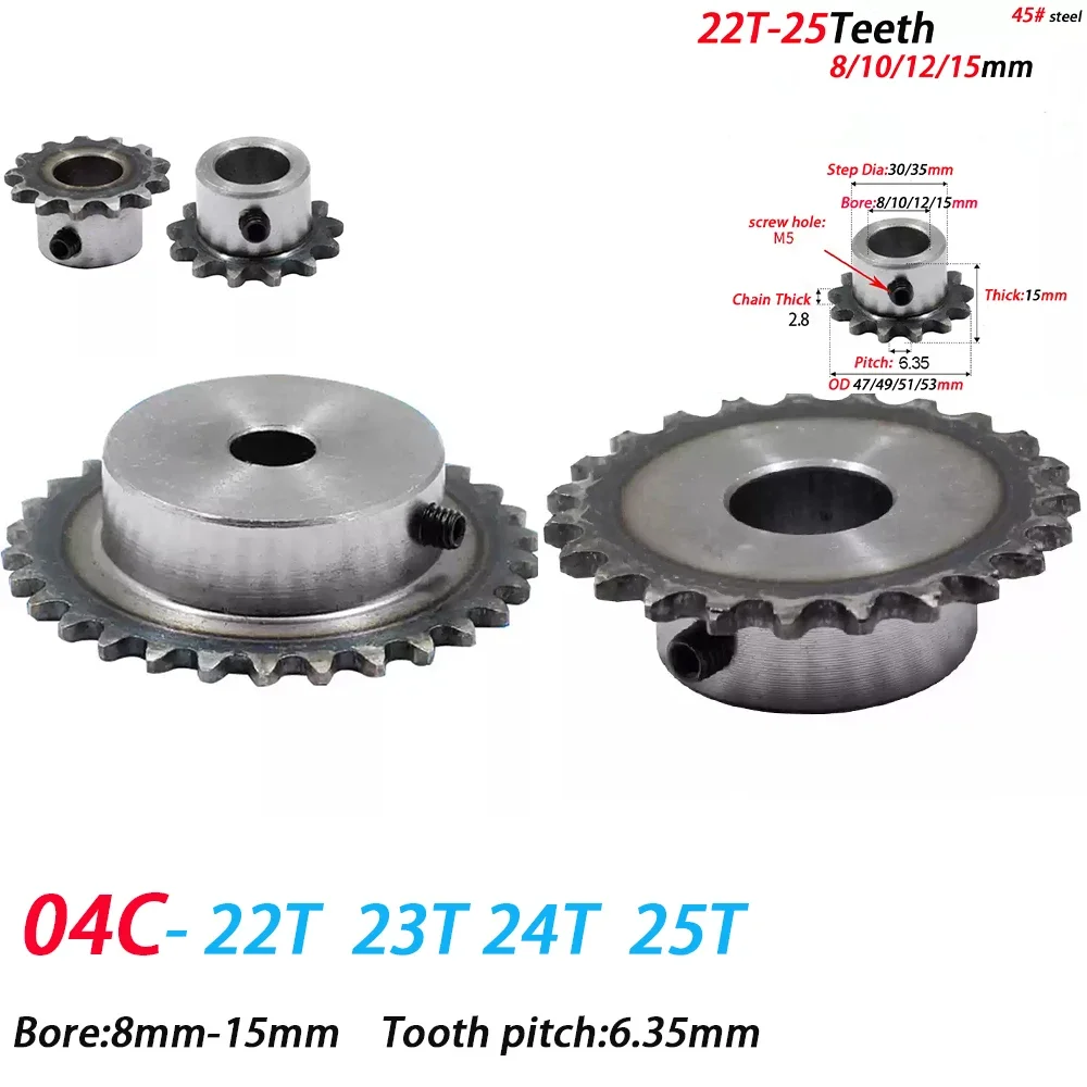 1pc Inner Hole 8/10/12/15mm 25H 04C Sprocket 22T-25Teeth 45# Steel Sprocket 04C Table Wheel Finished Hole Sprocket Screw Hole M5