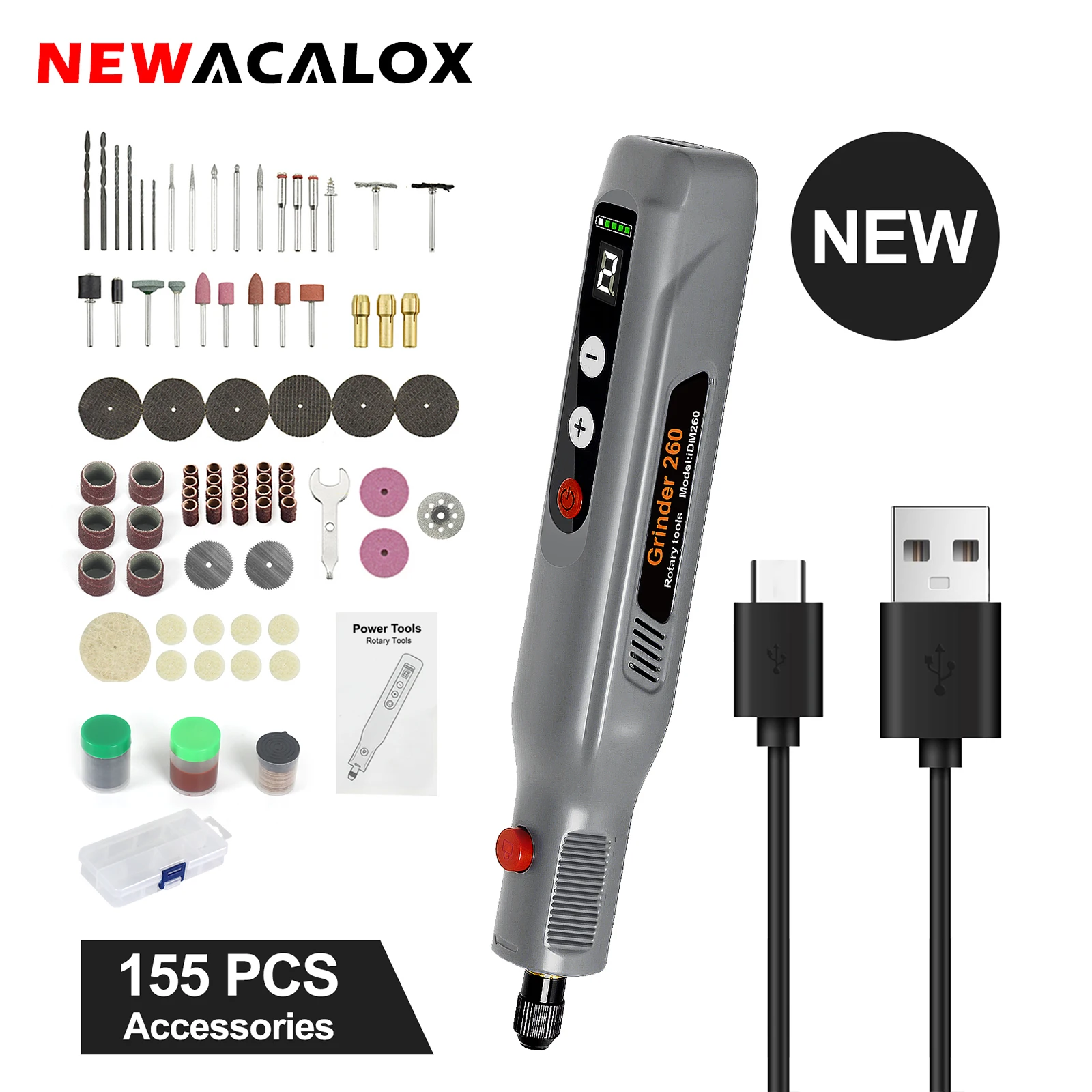 

NEWACALOX электрическая шлифовальная машина с цифровым дисплеем, беспроводная USB-зарядка, ручная электрическая шлифовальная машина, мини-резьба, полировальная ручка, переменная S