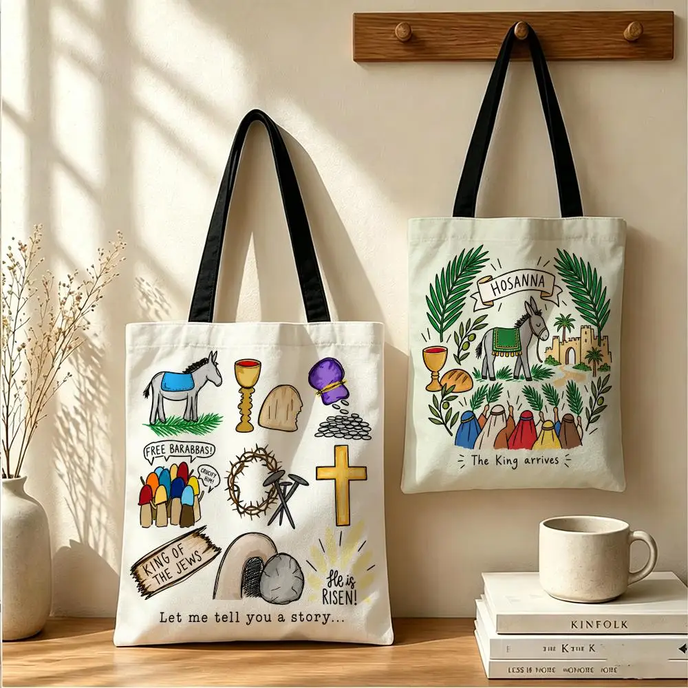 Sacred Easter Faith Story Storage Bags Double-Sided Printed Canvas Tote Bag Eco-Friendly Reusable Large Capacity Handbag