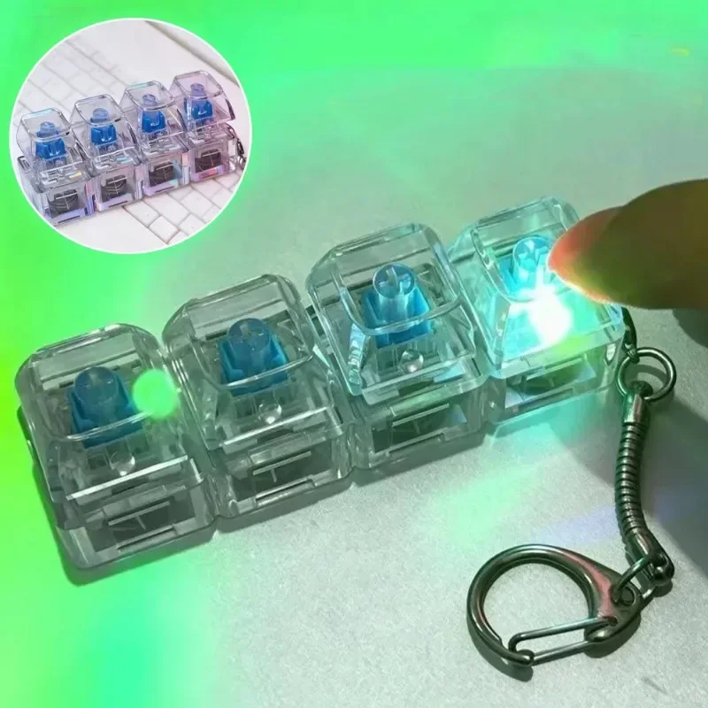 1Pcs 4-Keys Fidget Keyboard Toy with Light Transparent Cap Keyboard Finger Clicker Keychain Decompression Button Sensory Toy