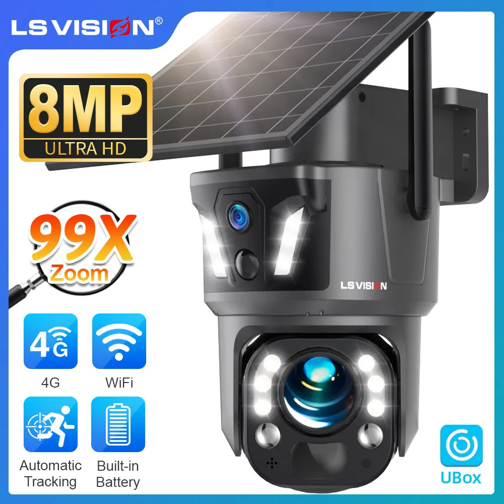LS VISION 99X Optical Zoom Dual Screen 4G Solar Camera Outdoor 8MP WiFi PTZ Dual PIR Detection Auto Tracking Surveillance Camera