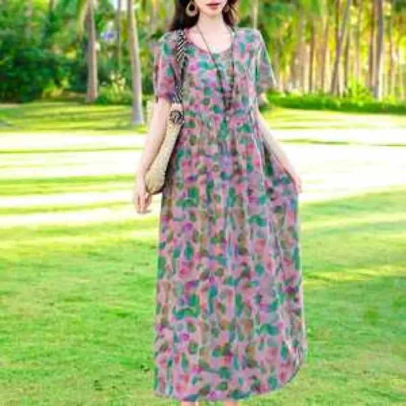 Middle Aged Women Le Print Cotton Silk Short Sleeve Maxi Dress Plus Size Loose Casual Vaion Dress