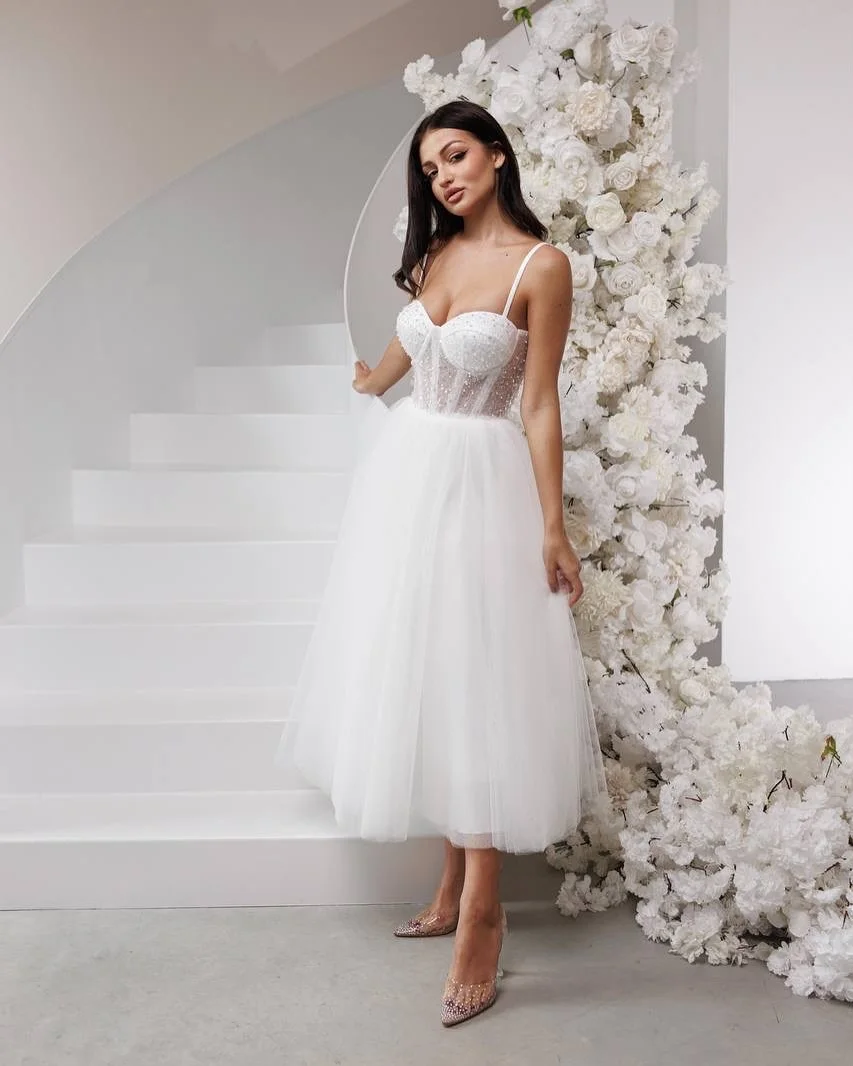 Shiny Beaded Sequined  Sweethart  Tea Length Bridal Grown A Line Wedding Dresses Custom Made 2026 Rode De Morrie