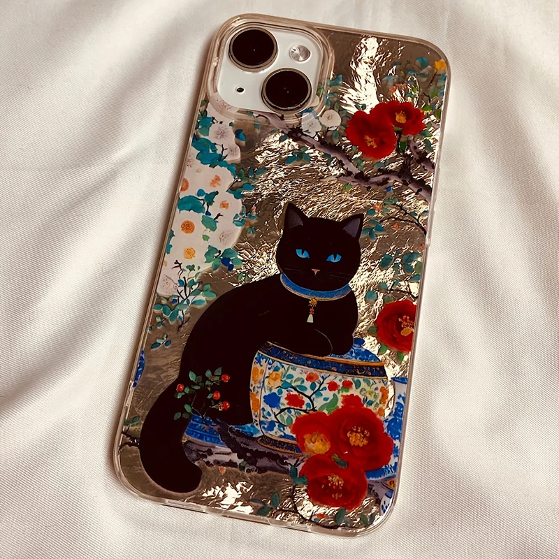 

Retro Peony Black Cat Glacier Pattern Phone Case For iPhone 17 16 15 14 13 12 11 Pro Max XS XR X 7 8 Plus Silicone Soft Cover
