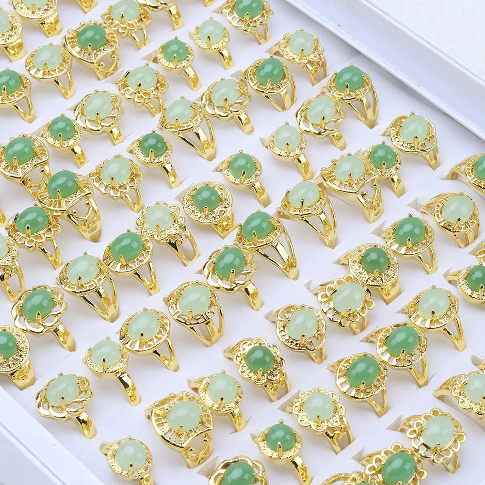 25 قطعة/الوحدة مختلط تقليد الطبيعية الخضراء افينتورين حجر خواتم للنساء مجوهرات الأزياء
