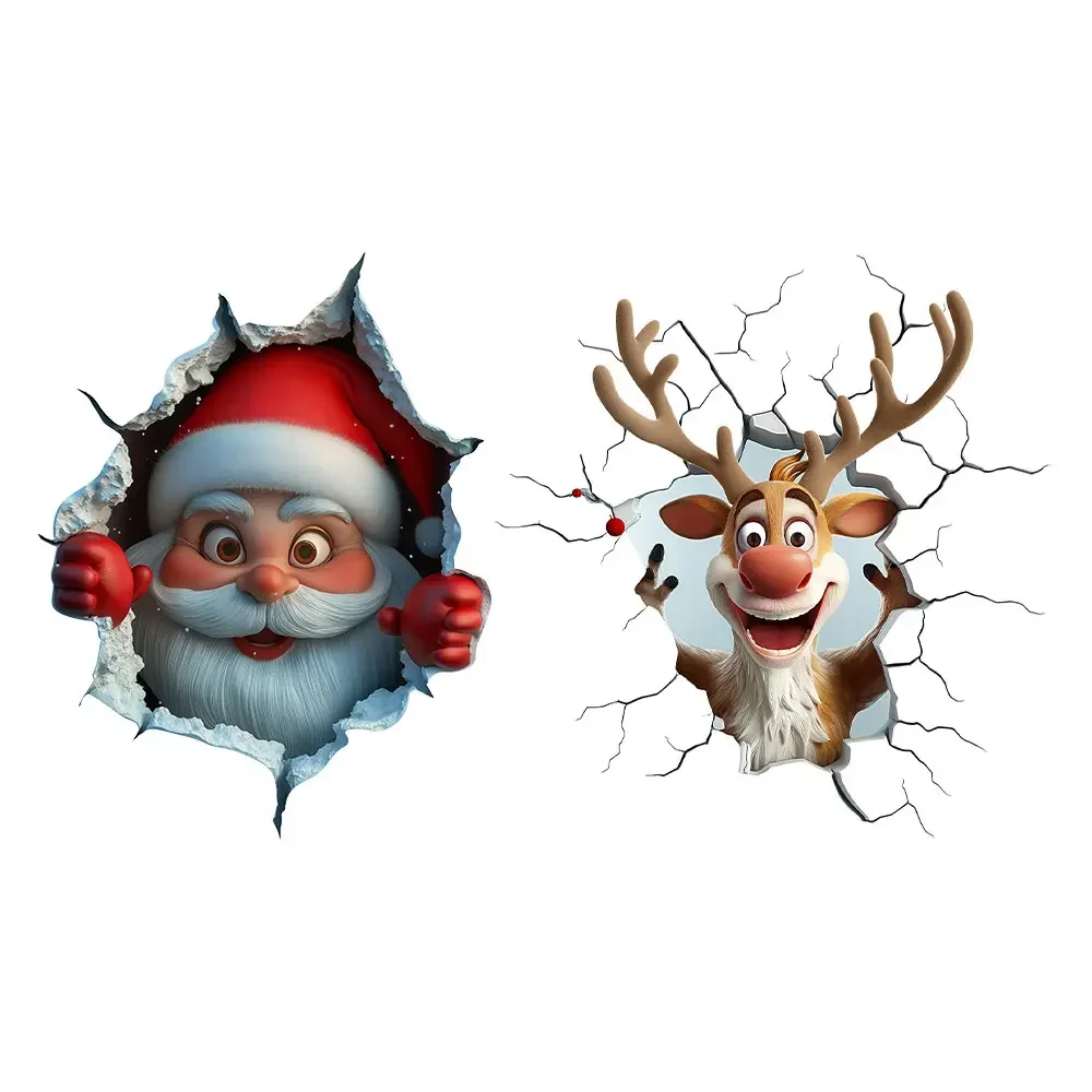 3D Christmas Sticker Cartoon Santa Reindeer Break-Through Claus Decal Sticker Creative Broken Wall Stickers for Home Door Decor