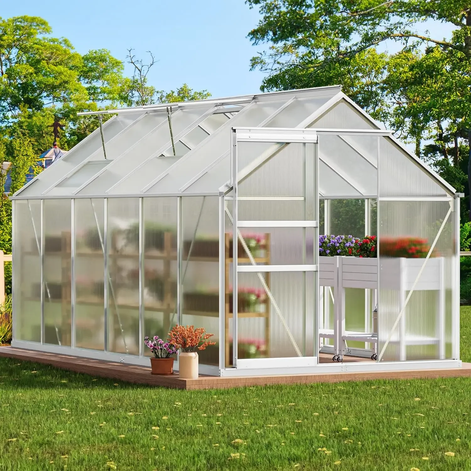 

6/8/10/12FT Polycarbonate Greenhouse Large Heavy Duty Green Houses Outdoor Aluminum Greenhouses with Sliding Doors Vent Window