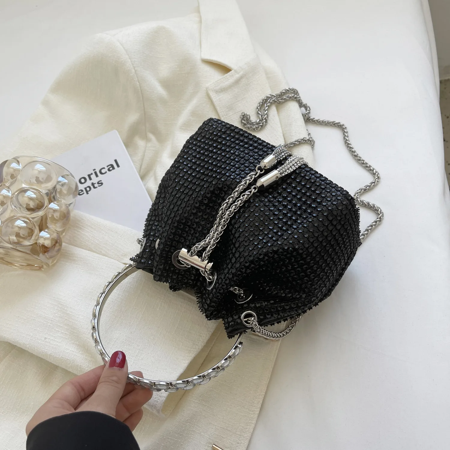 Elegant Rhinestone Evening Bucket Bag, Formal Banquet Handbag, Dinner Purse For Women Wedding Party Prom